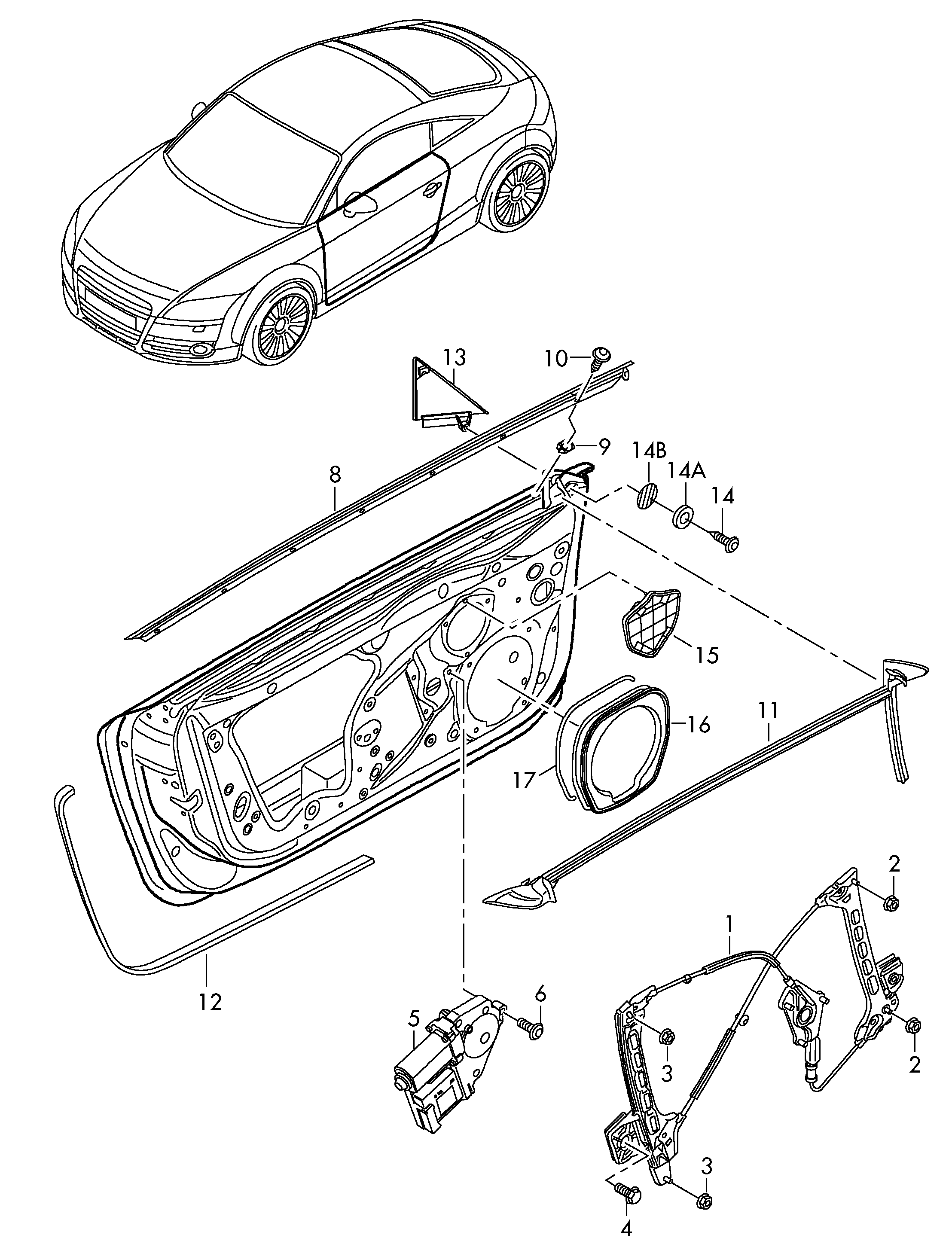 podnosnik szyby; uszczelka zgarniajaca szyby; osło... - Audi TT/TTS Coupe/Roadster(ATT)  