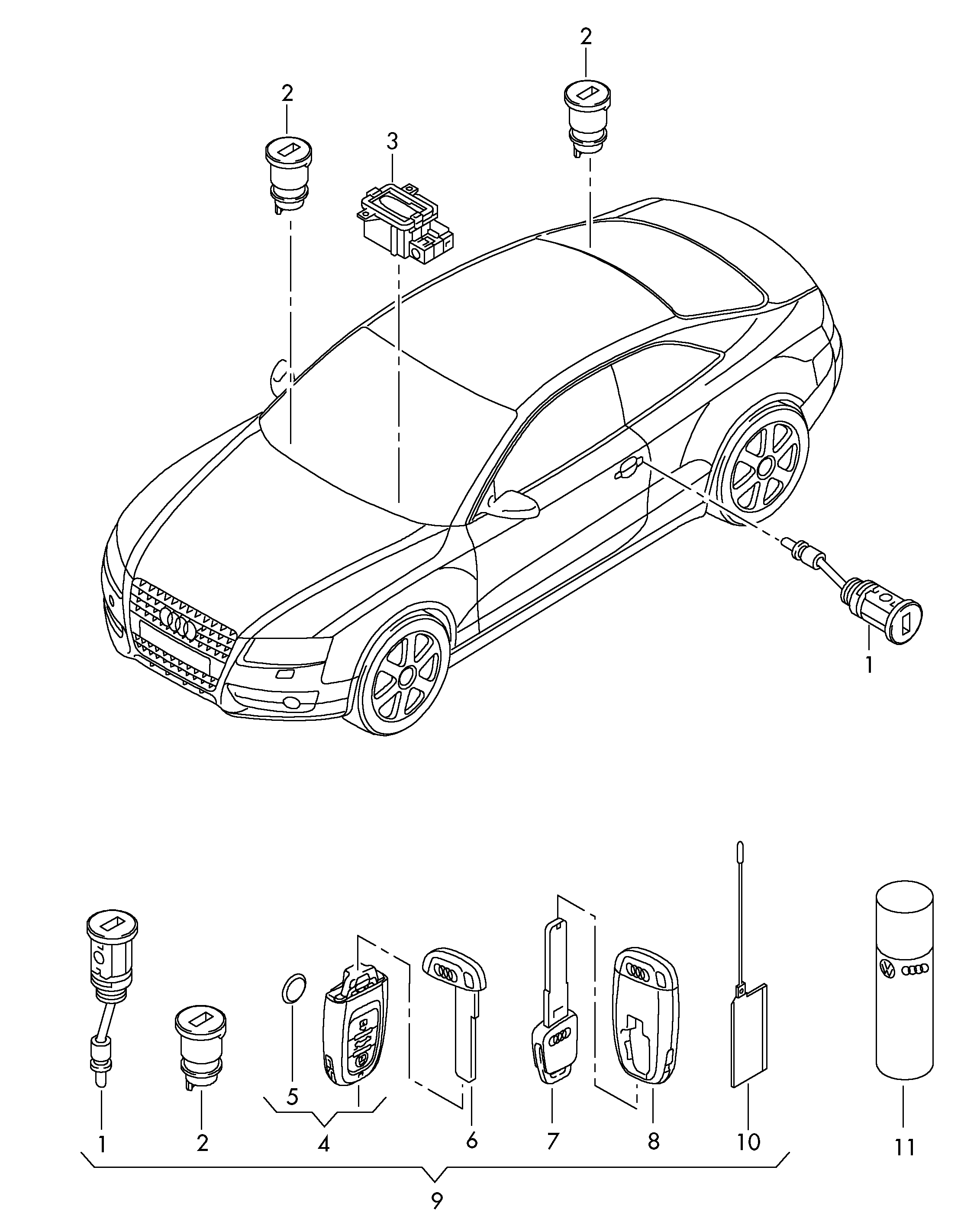 lock cylinders; key - Audi A5/S5 Coupe/Sportback(A5CO)  