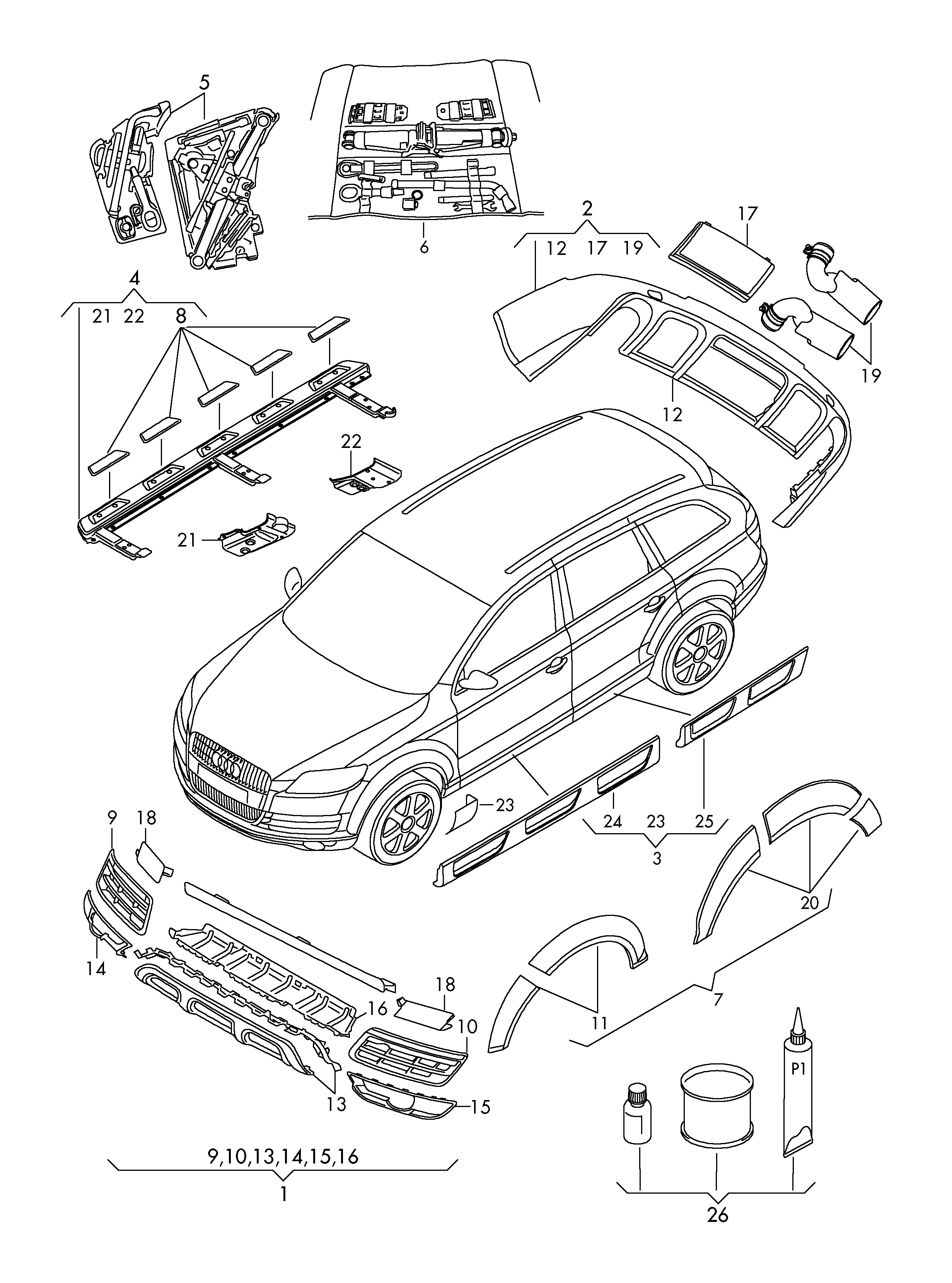 Original Zubehoer; Klebesatz fuer Aerodynamik- An Audi Q7 (AQ7) 2015  jahr Audi EUROPA 75010