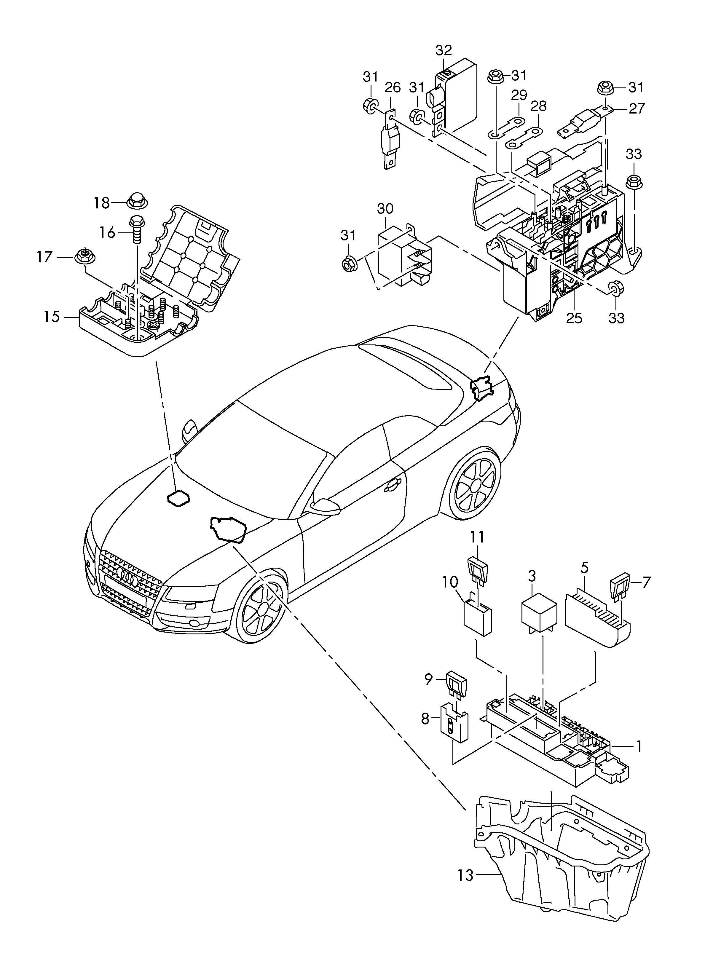 relaisplaat en relais; potentiaalverdeler; waterva... - Audi A5/S5 Cabriolet(A5CA)  