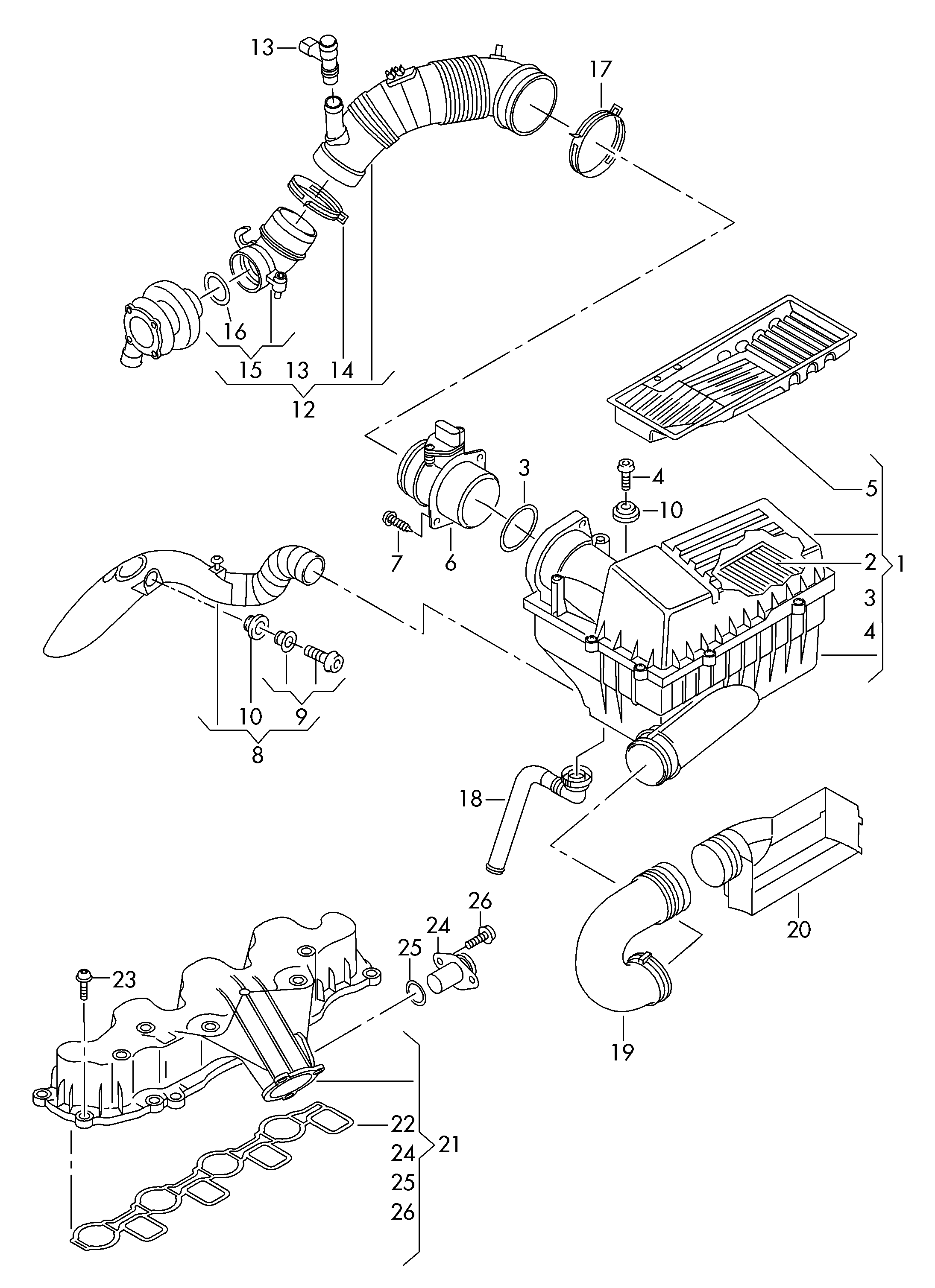 Luftfilter mit Anschluss-
teilen; Saugstutzen - Sharan/syncro/4Motion(SHA)  