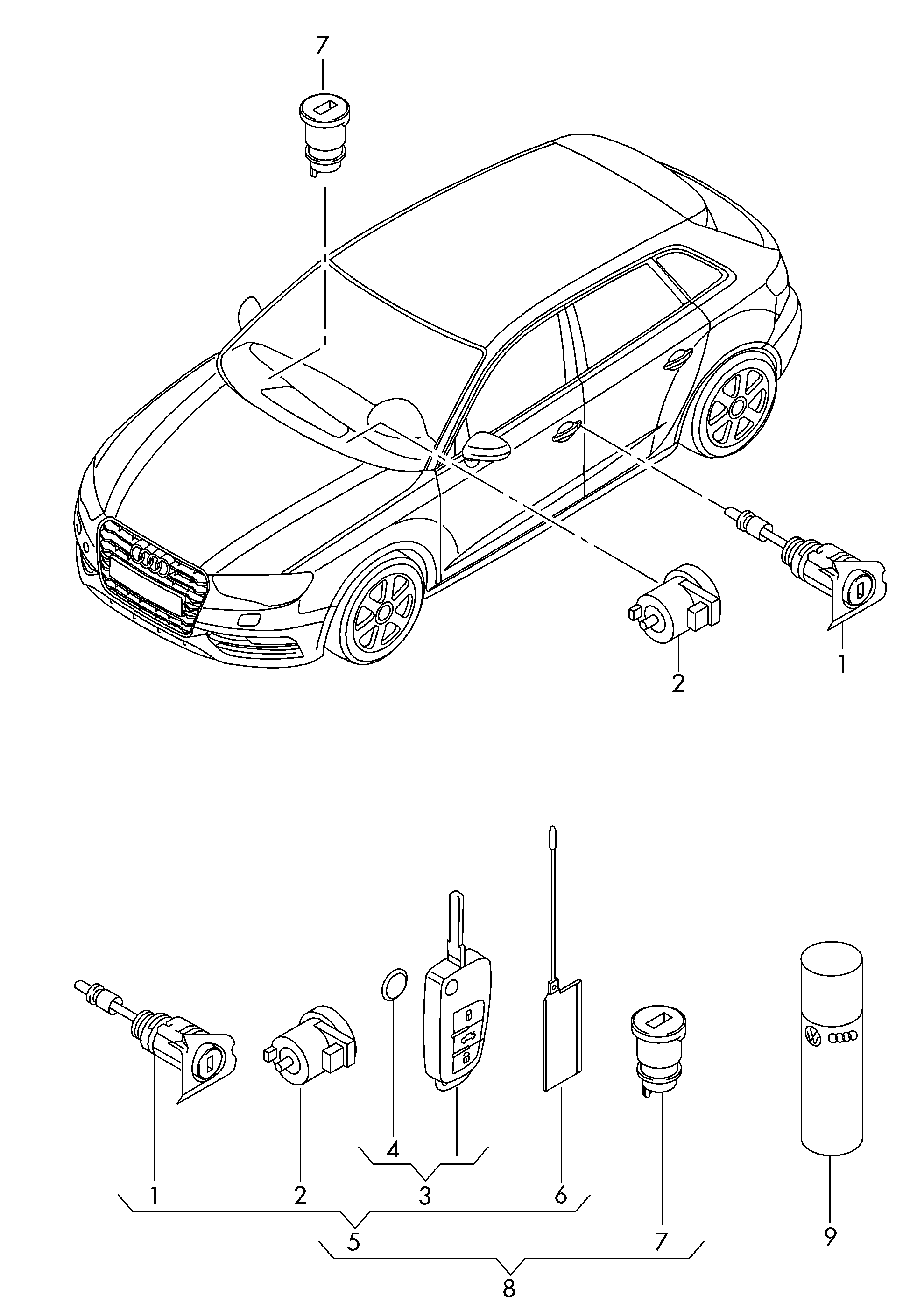 lock cylinders; key - Audi A3/S3/Sportb./Lim./qu(A3)  