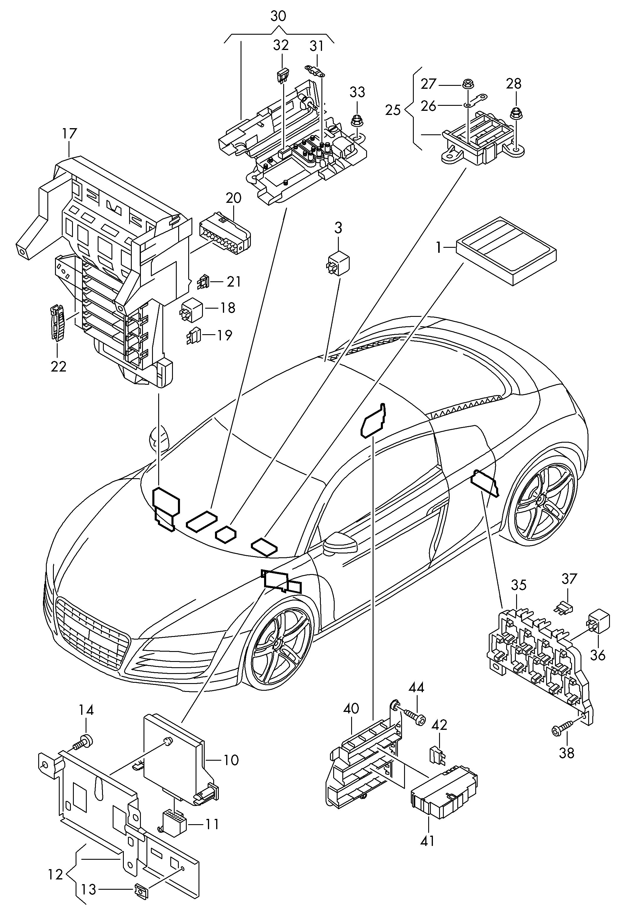 中央配电设备,保险丝盒,
继电器基座和继电器 - Audi R8(R8)  