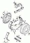 drum brake<br/>for single tyres<br/>back plate<br/>wheel brake cylinder<br/>brake shoe with lining<br/>brake cable<br/>F 28-D-007 247>><br/>F 29-G-014 001>>