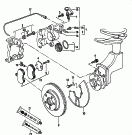 floating caliper brake<br/>brake caliper housing<br/>brake carrier with
pad retaining pin<br/>brake disc<br/>brake pad wear display<br/>F             >> 44-G-073 362<br>