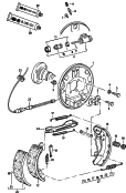 drum brake<br/>for models with
brake pressure regulator<br/>back plate<br/>wheel brake cylinder<br/>brake shoe with lining