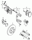 floating caliper brake<br/>brake caliper housing<br/>brake carrier with
pad retaining pin<br/>brake disc<br/>F             >> 8D-V-169 695