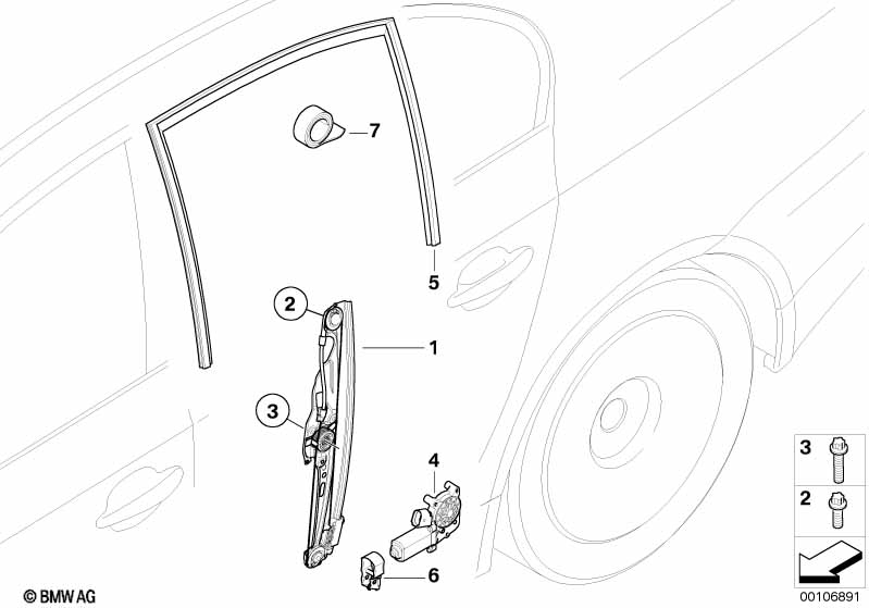 Mecanis.d.la ventanil.d.la puerta traser BMW - 5 E60 (530i N52) [El volante izquierdo, Neutral, Estados unidos 2005  Marzo]