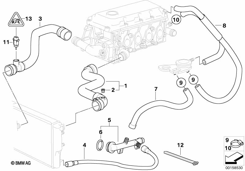 Chladicí systém-vedení vodních hadic BMW - 3 E46 (318i M43) [Levý volant, Evropa 1998 roku Duben]