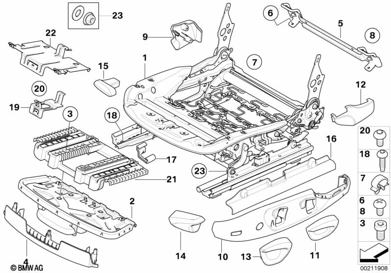 Front seat rail mechanical/single parts BMW - 3 E90 (316i N45) [Left hand drive, Neutral, Europe 2005 year September]