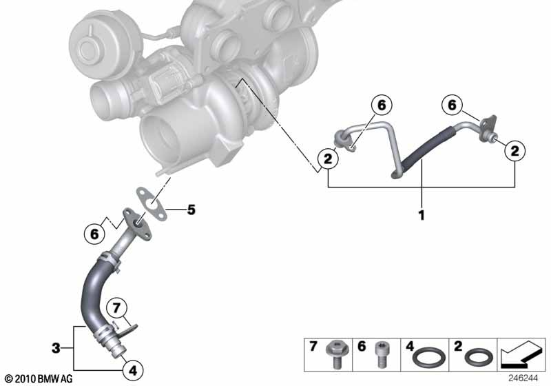 Exhaust turbocharger oil supply BMW - X3 F25 (X3 20iX) [Right hand drive, Neutral, Europe 2011 year October]