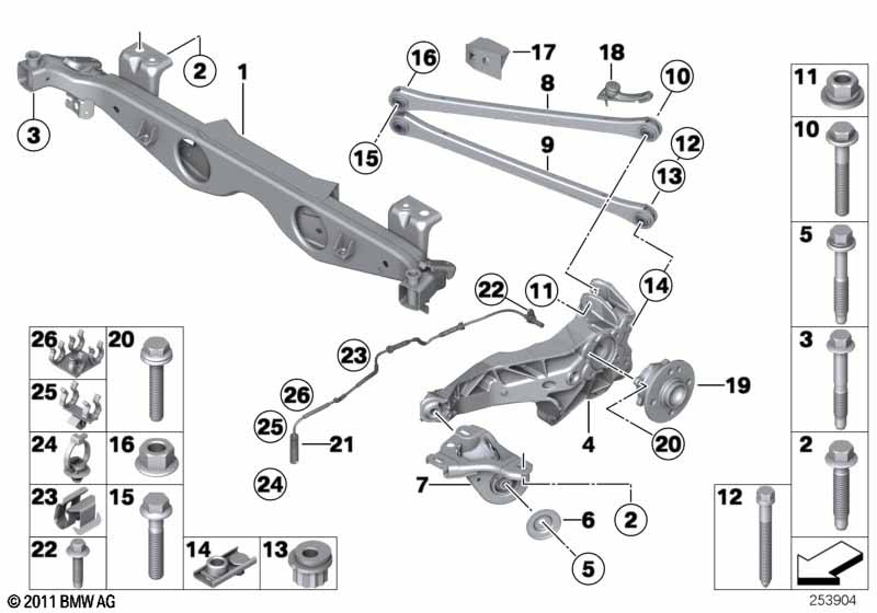 Rr axle support, wheel susp.,whl bearing MINI - MINI R56 LCI (One) [Right hand drive, Neutral, Europe 2010 year March]