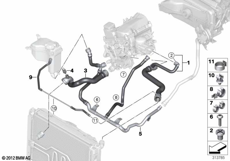 Cooling system coolant hoses BMW - 3 E90 LCI (318i) [Left hand drive, Neutral, China 2008 year September]