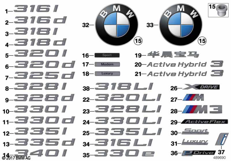 Эмблемы / надписи BMW - 3 F30 LCI (320i N20) [Левый руль, Neutral, Китай 2015 год Сентябрь]