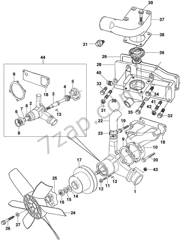 Thermostat, water pump and fan Diesel engine L4A Maxion схема CHEVROLET silverado Silverado