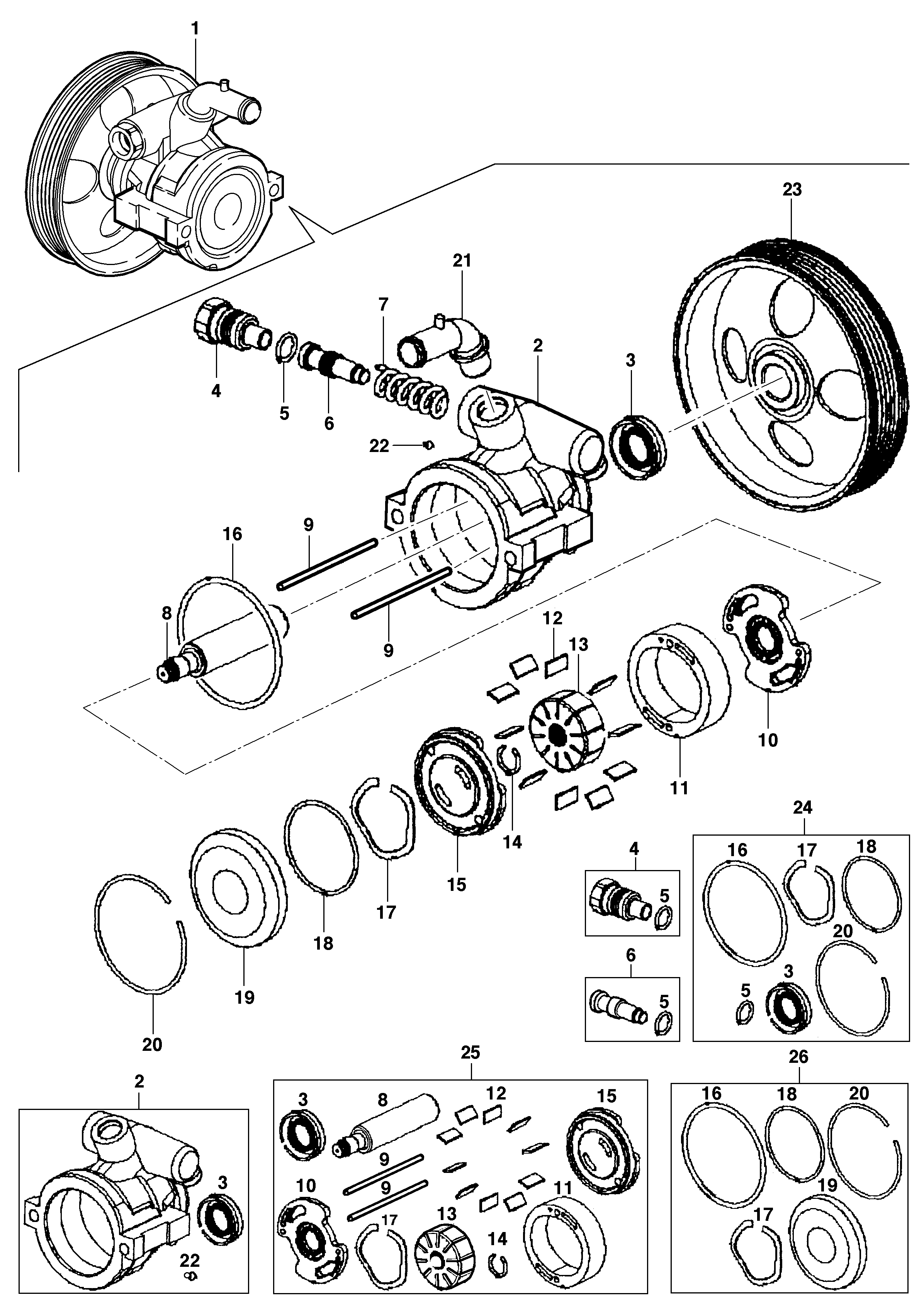Bomba da direção hidráulica convencional - componentes internos