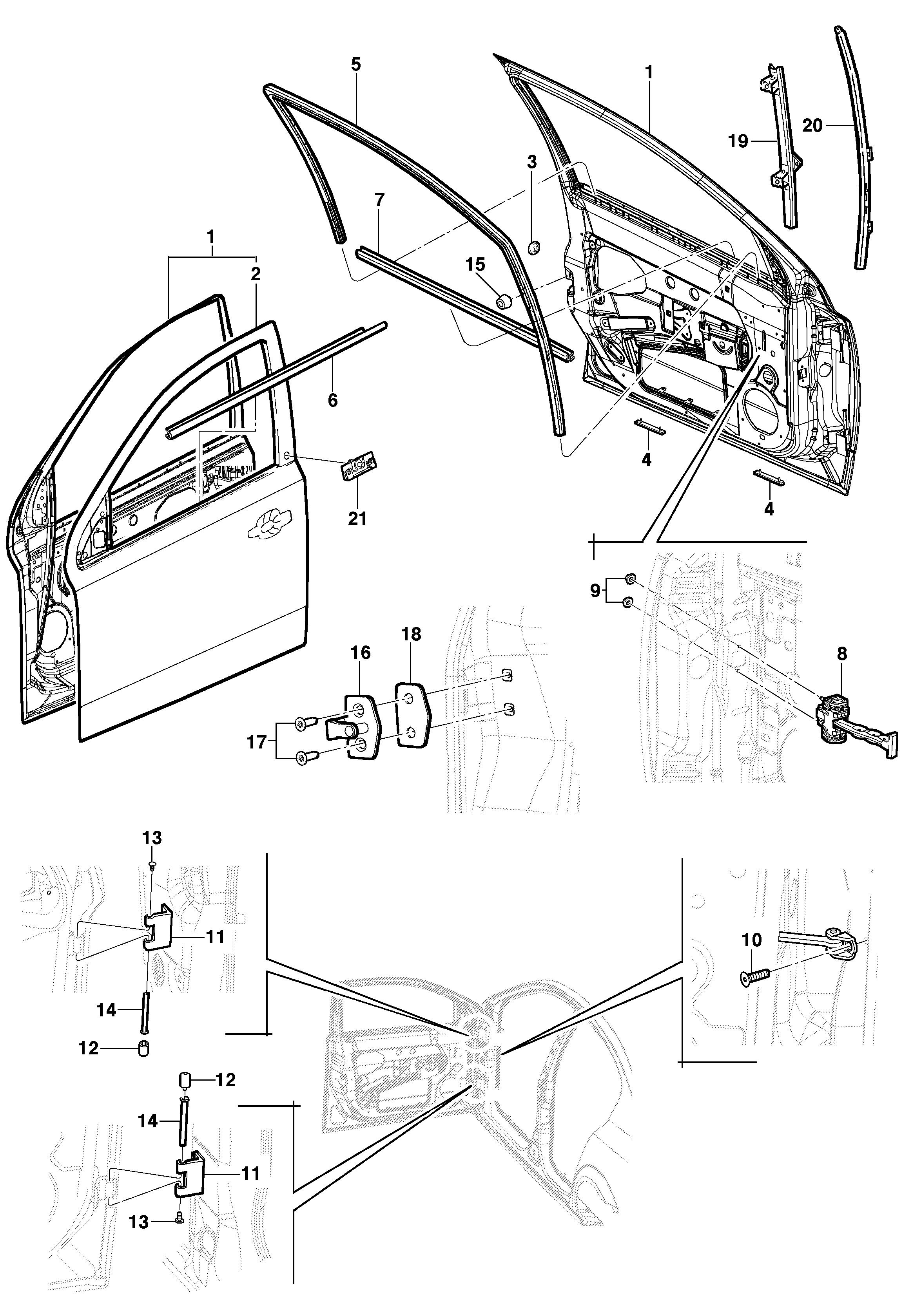 Puerta delantera y componentes (Hatch/Sedan)