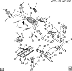 FUEL SYSTEM-EXHAUST-EMISSION SYSTEM Chevrolet Camaro 1996-1997 F EXHAUST SYSTEM-V6 (L36/3.8K)(DUAL OUTLETS)(Y87)