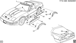МОЛДИНГИ КУЗОВА-ЛИСТОВОЙ МЕТАЛ-ФУРНИТУРА ЗАДНЕГО ОТСЕКА-ФУРНИТУРА КРЫШИ Chevrolet Corvette 1994-1995 Y MOLDINGS/BODY (EXC (ZR1))