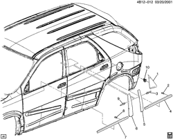 BODY MOLDINGS-SHEET METAL-REAR COMPARTMENT HARDWARE-ROOF HARDWARE Buick Rendezvous 2002-2007 B MOLDINGS/BODY-ABOVE BELT