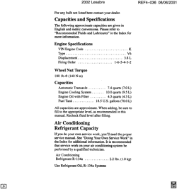 PEÇAS DE MANUTENÇÃO-FLUIDOS-CAPACITORES-CONECTORES ELÉTRICOS-SISTEMA DE NUMERAÇÃO DE IDENTIFICAÇÃO DE VEÍCULOS Buick Lesabre 2002-2002 H CAPACITIES