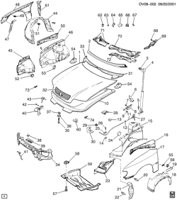 FRONT END SHEET METAL-HEATER-VEHICLE MAINTENANCE Cadillac Catera 2000-2001 V SHEET METAL/FRONT END PART 1