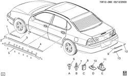BODY MOLDINGS-SHEET METAL-REAR COMPARTMENT HARDWARE-ROOF HARDWARE Chevrolet Monte Carlo 2000-2003 W19 MOLDINGS/BODY-BELOW BELT