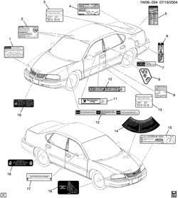 METAL DA CHAPA DA EXTREMIDADE DIANTEIRA-AQUECEDOR-MANUTENÇÃO DO VEÍCULO Chevrolet Monte Carlo 2002-2002 W19 LABELS