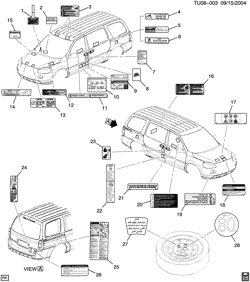 METAL DA CHAPA DA EXTREMIDADE DIANTEIRA-AQUECEDOR-MANUTENÇÃO DO VEÍCULO Chevrolet Uplander (2WD) 2005-2006 UX1 LABELS