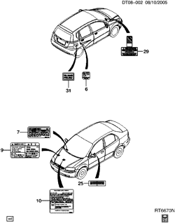 METAL DA CHAPA DA EXTREMIDADE DIANTEIRA-AQUECEDOR-MANUTENÇÃO DO VEÍCULO Chevrolet Aveo Hatchback (Canada and US) 2004-2004 T LABELS