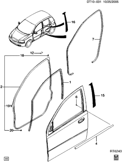 WINDSHIELD-WIPER-MIRRORS-INSTRUMENT PANEL-CONSOLE-DOORS Chevrolet Aveo Hatchback (Canada and US) 2005-2008 T WEATHERSTRIPS FRONT DOOR
