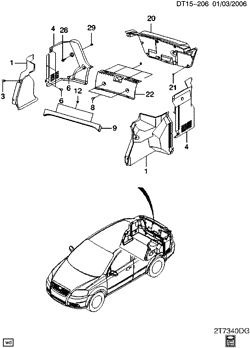 CARPETE DE ACABAMENTO DO ASSENTO TRASEIRO Chevrolet Aveo Sedan (Canada and US) 2007-2008 T COMPARTMENT TRIM/REAR