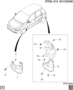 ЛИСТОВОЙ МЕТАЛЛ ПЕРЕДНЕЙ ЧАСТИ - ОБОГРЕВАТЕЛЬ - ТЕХОБСЛУЖИВАНИЕ АВТОМОБИЛЯ Chevrolet Aveo Hatchback (Canada and US) 2006-2006 T MUD FLAPS