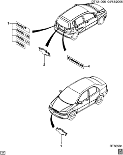 МОЛДИНГИ КУЗОВА-ЛИСТОВОЙ МЕТАЛ-ФУРНИТУРА ЗАДНЕГО ОТСЕКА-ФУРНИТУРА КРЫШИ Chevrolet Aveo Hatchback (Canada and US) 2004-2006 T ORNAMENTATION/BODY EMBLEMS