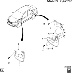 FRONT END SHEET METAL-HEATER-VEHICLE MAINTENANCE Pontiac Wave Sedan (Canada) 2007-2008 T MUD FLAPS
