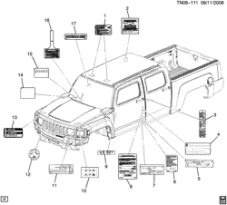 ЛИСТОВОЙ МЕТАЛЛ ПЕРЕДНЕЙ ЧАСТИ - ОБОГРЕВАТЕЛЬ - ТЕХОБСЛУЖИВАНИЕ АВТОМОБИЛЯ Hummer H3 SUV - 06 Bodystyle (Right Hand Drive) 2009-2009 N1(43) LABELS
