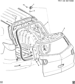 RR СТРУКТУРА КУЗОВА - МОЛДИНГИ И ОТДЕЛКА - УКЛАДКА ГРУЗА Chevrolet Traverse (2WD) 2009-2012 RV1 LIFTGATE HARDWARE PART 1 (CHEVROLET X88)