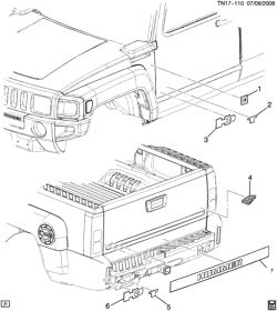 RR СТРУКТУРА КУЗОВА - МОЛДИНГИ И ОТДЕЛКА - УКЛАДКА ГРУЗА Hummer H3 SUV - 06 Bodystyle (Left Hand Drive) 2009-2010 N1(43) NAMEPLATES