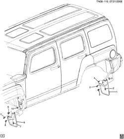 ЛИСТОВОЙ МЕТАЛЛ ПЕРЕДНЕЙ ЧАСТИ - ОБОГРЕВАТЕЛЬ - ТЕХОБСЛУЖИВАНИЕ АВТОМОБИЛЯ Hummer H3 SUV - 06 Bodystyle (Left Hand Drive) 2008-2010 N1(06) MUD FLAPS (Q8J,B74)