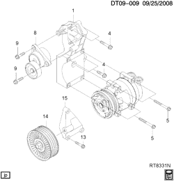 BODY MOUNTING-AIR CONDITIONING-AUDIO/ENTERTAINMENT Chevrolet Aveo Hatchback (Canada and US) 2004-2008 T A/C COMPRESSOR MOUNTING