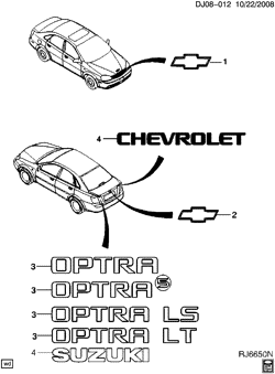 МОЛДИНГИ КУЗОВА-ЛИСТОВОЙ МЕТАЛ-ФУРНИТУРА ЗАДНЕГО ОТСЕКА-ФУРНИТУРА КРЫШИ Chevrolet Optra (Canada) 2004-2007 J ORNAMENTATION/BODY & REAR
