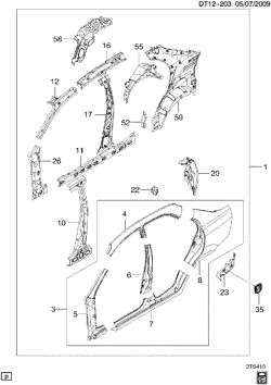 BODY MOLDINGS-SHEET METAL-REAR COMPARTMENT HARDWARE-ROOF HARDWARE Chevrolet Aveo Sedan (Canada and US) 2007-2008 T SHEET METAL/BODY SIDE