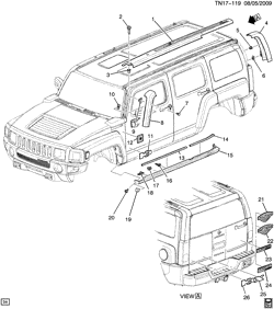 RR СТРУКТУРА КУЗОВА - МОЛДИНГИ И ОТДЕЛКА - УКЛАДКА ГРУЗА Hummer H3 SUV - 06 Bodystyle (Right Hand Drive) 2010-2010 N1(06) MOLDINGS & NAMEPLATES