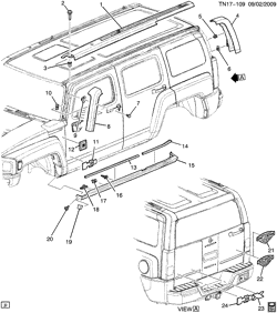 RR СТРУКТУРА КУЗОВА - МОЛДИНГИ И ОТДЕЛКА - УКЛАДКА ГРУЗА Hummer H3 SUV - 06 Bodystyle (Right Hand Drive) 2009-2009 N1(06) MOLDINGS & NAMEPLATES