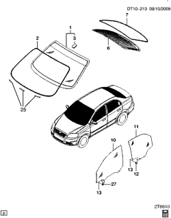 WINDSHIELD-WIPER-MIRRORS-INSTRUMENT PANEL-CONSOLE-DOORS Chevrolet Aveo Sedan (Canada and US) 2007-2008 T GLASS IDENTIFICATION
