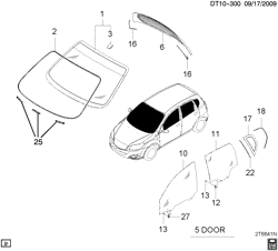WINDSHIELD-WIPER-MIRRORS-INSTRUMENT PANEL-CONSOLE-DOORS Chevrolet Aveo 2009-2011 T48 GLASS IDENTIFICATION