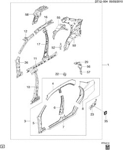 BODY MOLDINGS-SHEET METAL-REAR COMPARTMENT HARDWARE-ROOF HARDWARE Chevrolet Aveo Hatchback (Canada and US) 2004-2006 T69 SHEET METAL/BODY SIDE & CROSSMEMBERS (NOTCHBACK)