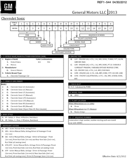 MAINTENANCE PARTS-FLUIDS-CAPACITIES-ELECTRICAL CONNECTORS-VIN NUMBERING SYSTEM Chevrolet Sonic Hatchback (Canada and US) 2013-2013 J48-69 VEHICLE IDENTIFICATION NUMBERING (V.I.N.)