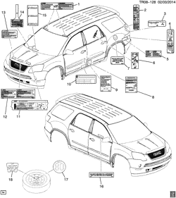 ЛИСТОВОЙ МЕТАЛЛ ПЕРЕДНЕЙ ЧАСТИ - ОБОГРЕВАТЕЛЬ - ТЕХОБСЛУЖИВАНИЕ АВТОМОБИЛЯ Chevrolet Traverse (2WD) 2014-2017 RV1 LABELS (G.M.C. Z88)