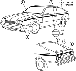MOLDURAS DA CARROCERIA-PLACA DE METAL-PEÇAS DO COMPARTIMENTO TRASEIRO-PEÇAS DO TETO Chevrolet Cavalier 1982-1982 JE77 STRIPES/BODY (W/TWO-TONE/D84)